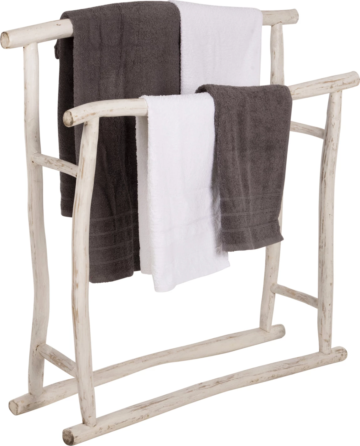 Obešalnik za brisače iz vej TEAK v beli patini 90x28x77-91Hcm