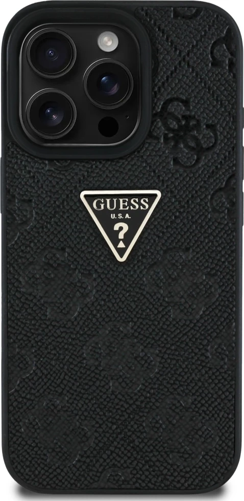 Ovitek Hot Stamp 4G z vzorcem trikotnika in metalnim logotipom Guess za iPhone 16 Pro, črn