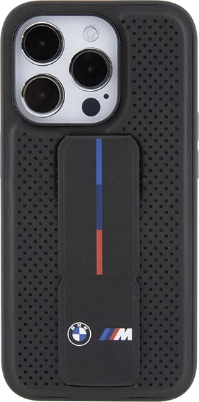 Zaščitni ovitek BMW Grip Stand Smooth & Perforated za iPhone 15 Pro Max, črn