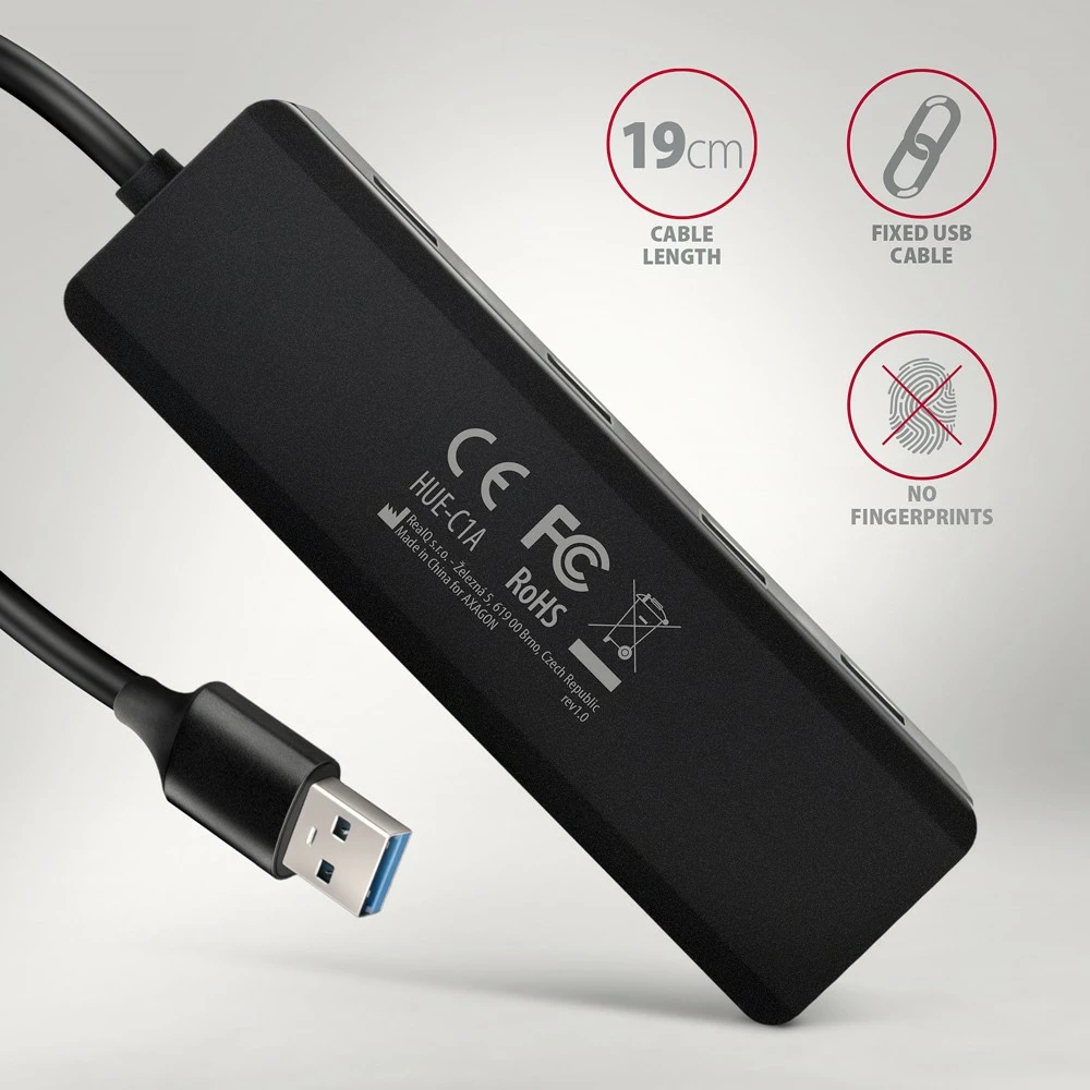 Razdelilec USB, AXAGON HUE-C1A, 4 vrata USB 5Gbps, USB-C napajanje, 19 cm kabel, črn