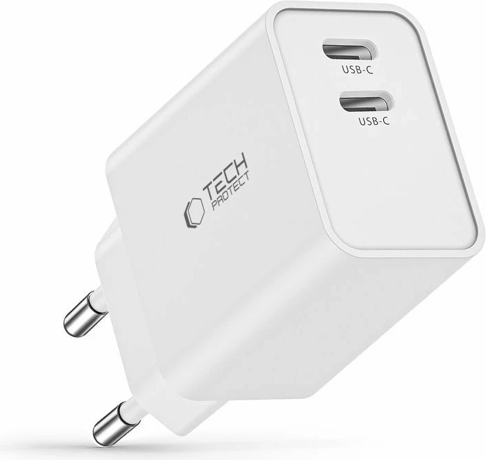 Omrežni polnilnik, 2x USB-C PD 35W, bel — Tech‑Protect C35W