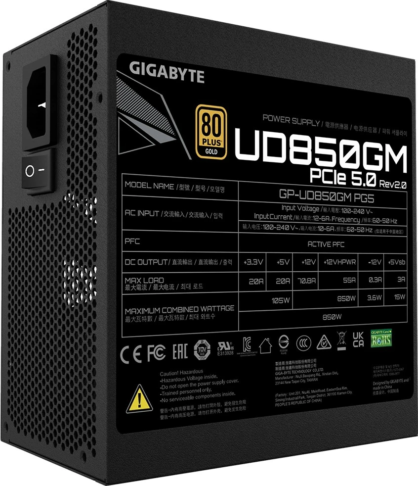 Napajalnik Gigabyte UD850GM PG5 V2, 850 W, 80 PLUS Gold, črn