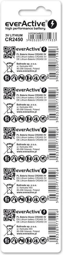 Litijska baterija CR2450, everActive, komplet 5 kosov