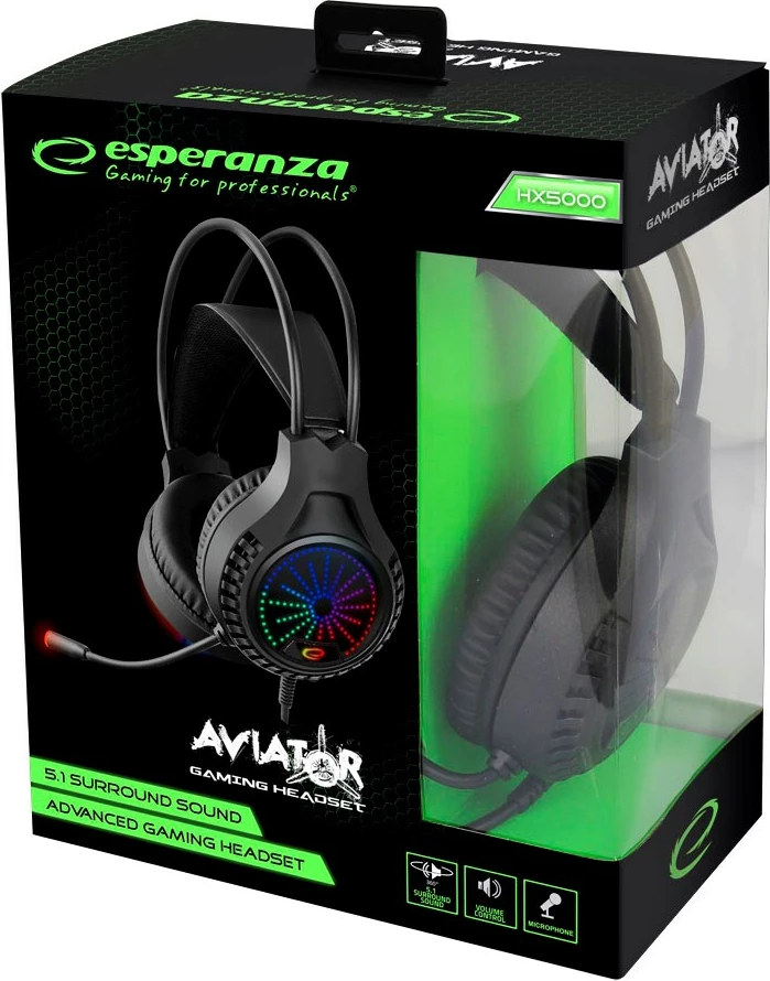 Klavirske slušalke z mikrofonom za igre Esperanza EGH5000, črne