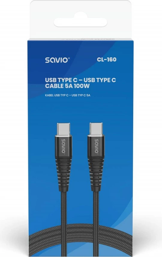 Kabel za hitro polnjenje USB C - USB C, 2 m, črn (Savio)