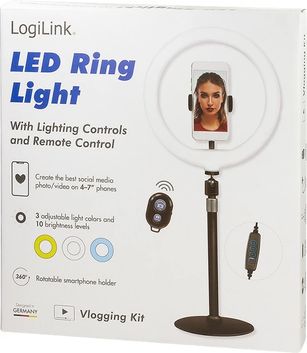 LED obročna luč za vloge in ličenje LogiLink AA0152, držalo za telefon, 700 lm, 17,8 cm, USB