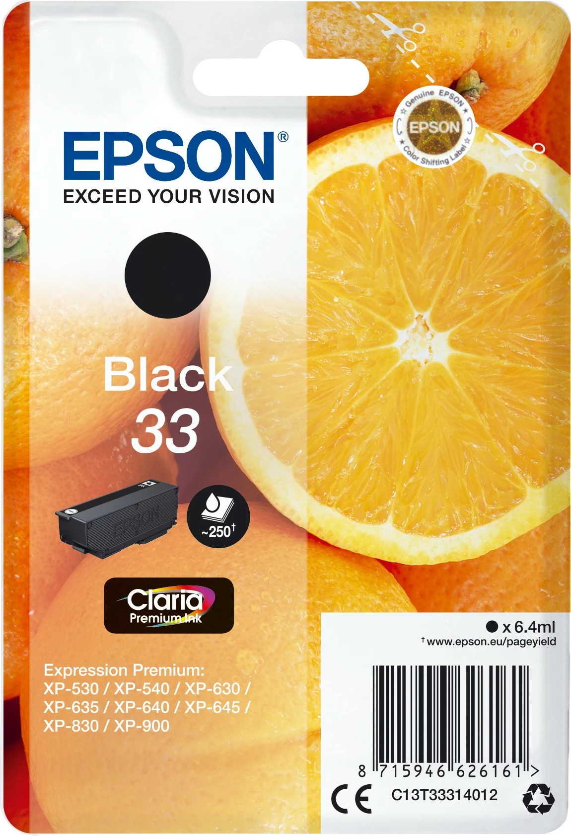 Črn pigmentni vložek Epson Claria Premium 33, standardna zmogljivost, 6.4 ml
