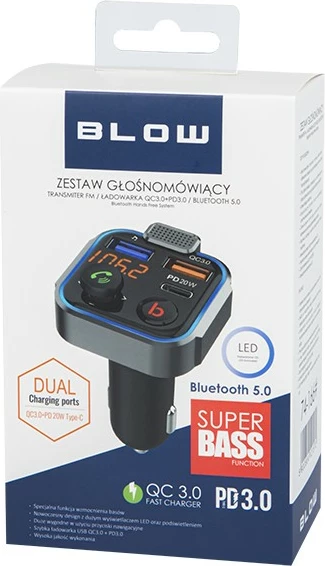 Multifunkcijski FM oddajnik z Bluetooth, BLOW 74-166#, QC3.0, PD 20W, črno/moder