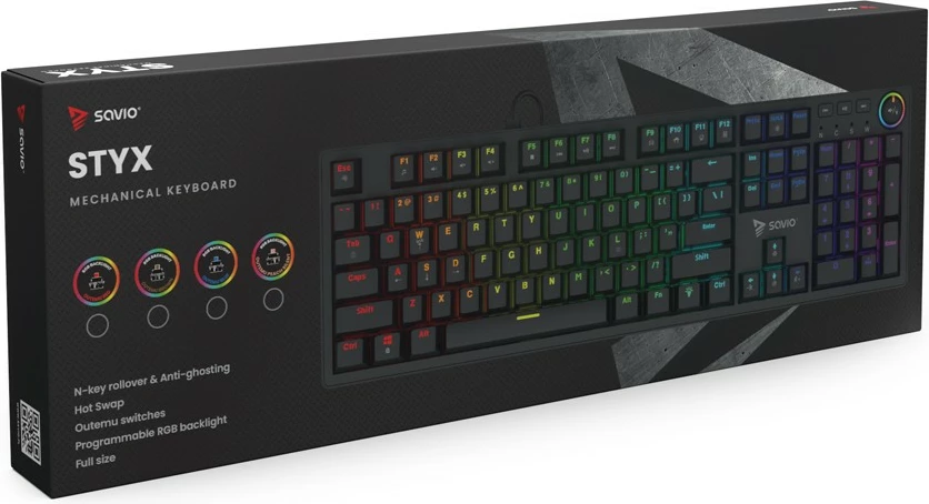 Mekanična tipkovnica Savio STYX RED, RGB, Hot Swap, s kablom, črna