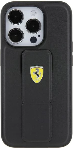 Ovitek za telefon Grip Stand z metalnim logotipom Ferrari za iPhone 15 Pro Max, črn