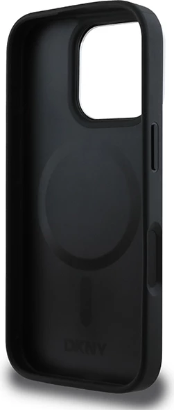 Ovitek za telefon MagSafe s srebrnim logotipom DKNY za iPhone 16 Pro, črn