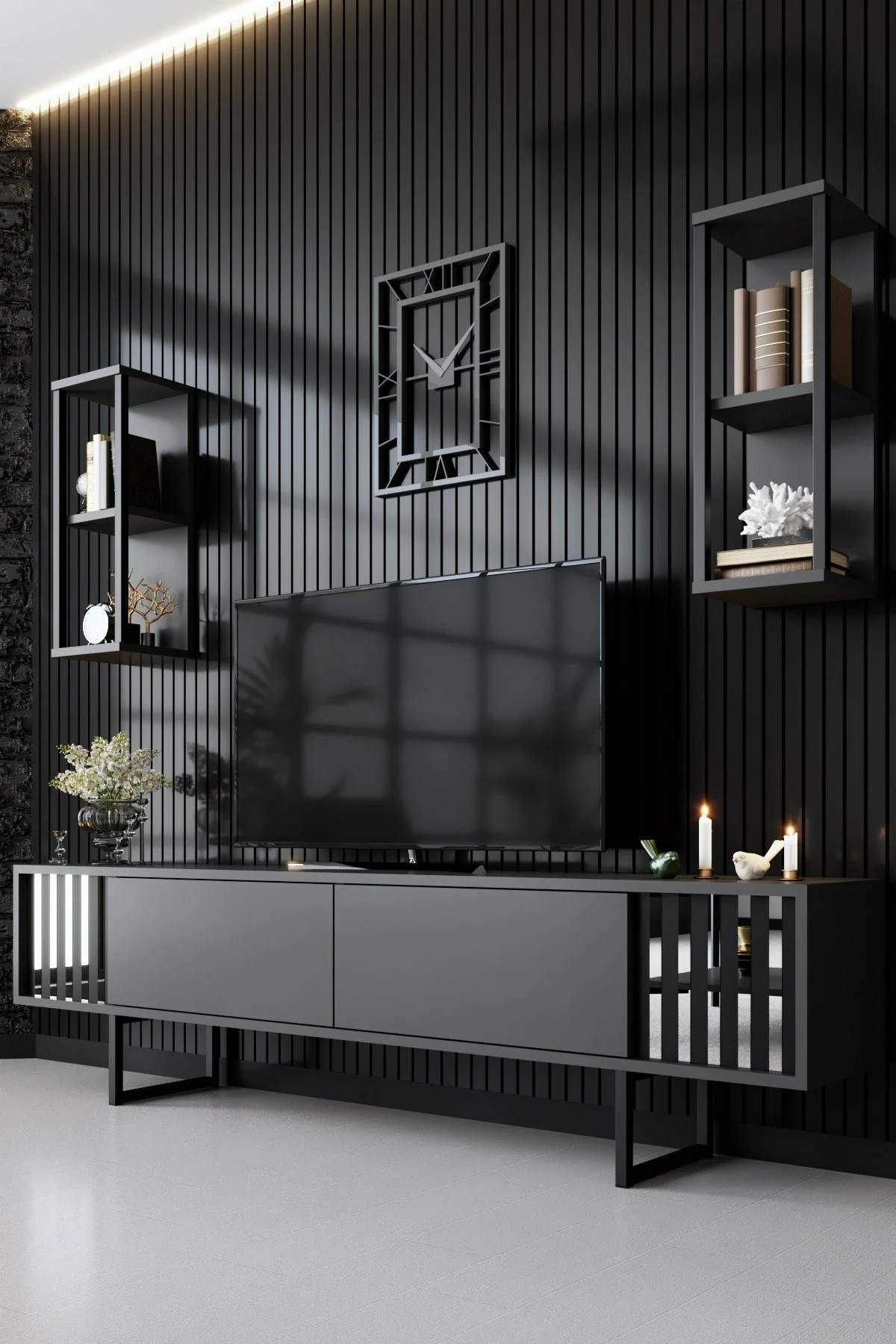 Pohištveni set za dnevno sobo, Chrome Line - Hanah Home, antracit, črn