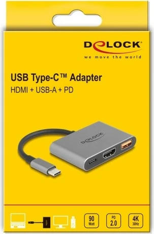 Adapter USB Type-C, HDMI 4K 30 Hz, USB Type-A, USB Type-C PD 90 W, DeLOCK, siv
