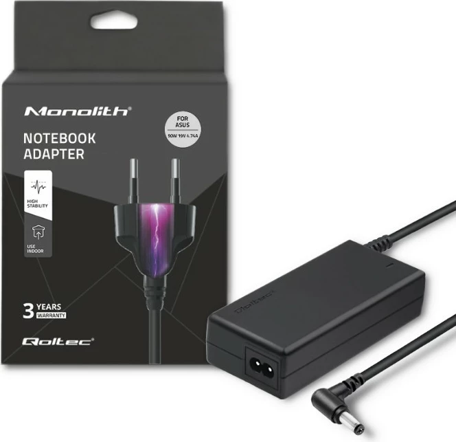 Napajalnik za prenosnik Qoltec za Asus, 90 W, 19 V, 4,74 A, 5,5 x 2,5 mm, črn