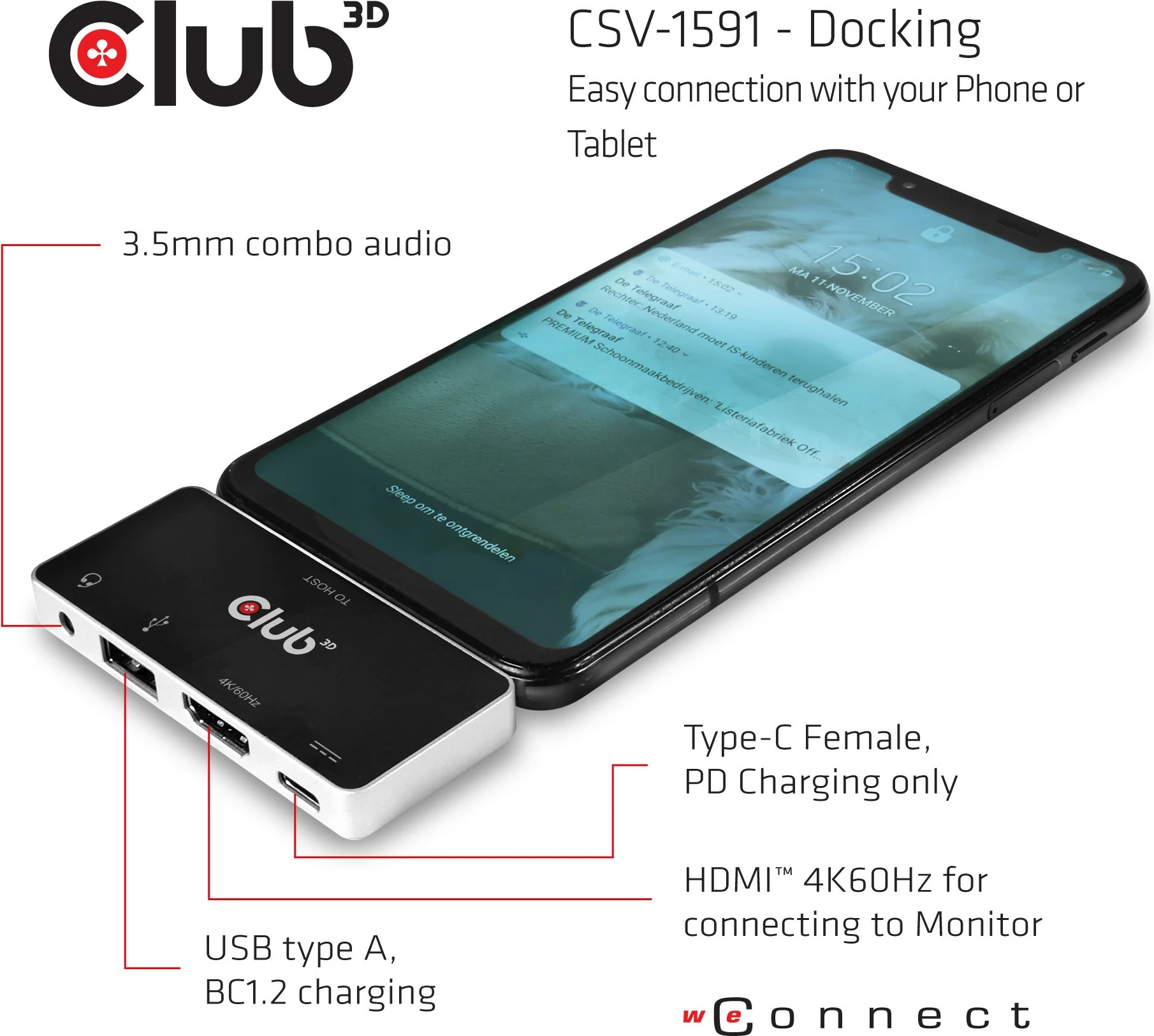 USB-C razširitveni HUB 4v1 Club3D, HDMI 4K60Hz, USB-A, USB-C, avdio, črn/krom