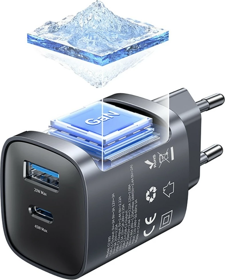 GaN stenski polnilec USAMS CC290 T66 (USA001665), 45 W, USB-C + USB-A, PD/QC, bel