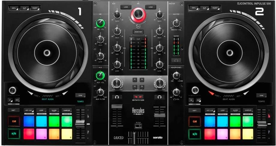 Profesionalni DJ kontroler Hercules Inpulse 500, USB, 2 izhoda za slušalke, 1 vhod za mikrofon, črn