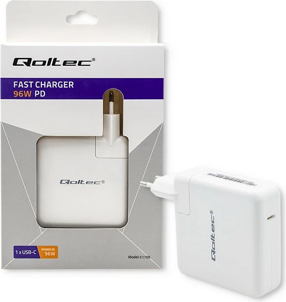 Stenski polnilec Qoltec 96W, USB Type-C PD, bel