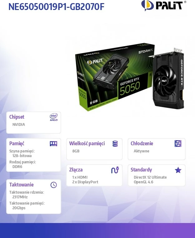 Grafična kartica GeForce RTX 5050 StormX, Palit, 8GB GDDR6, PCI-E 5.0, črna