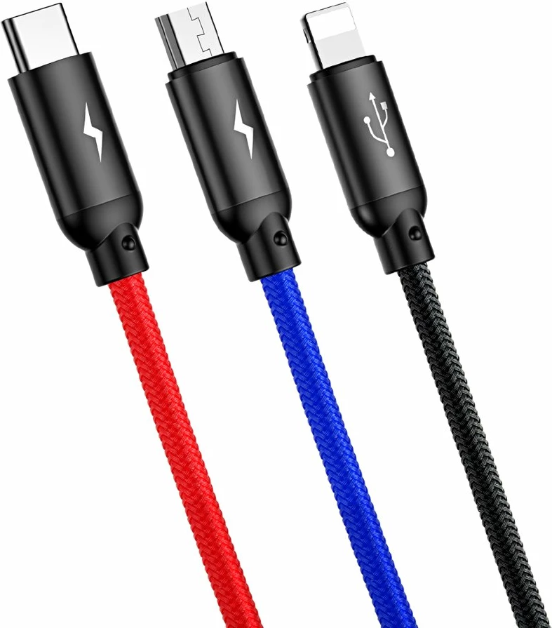 Kabel 3-v-1 v treh osnovnih barvah, Baseus Three Primary Colors CAMLT-BSY01, 1,2 m, USB-A na micro USB/Lightning/USB-C, črn/rdeč/moder