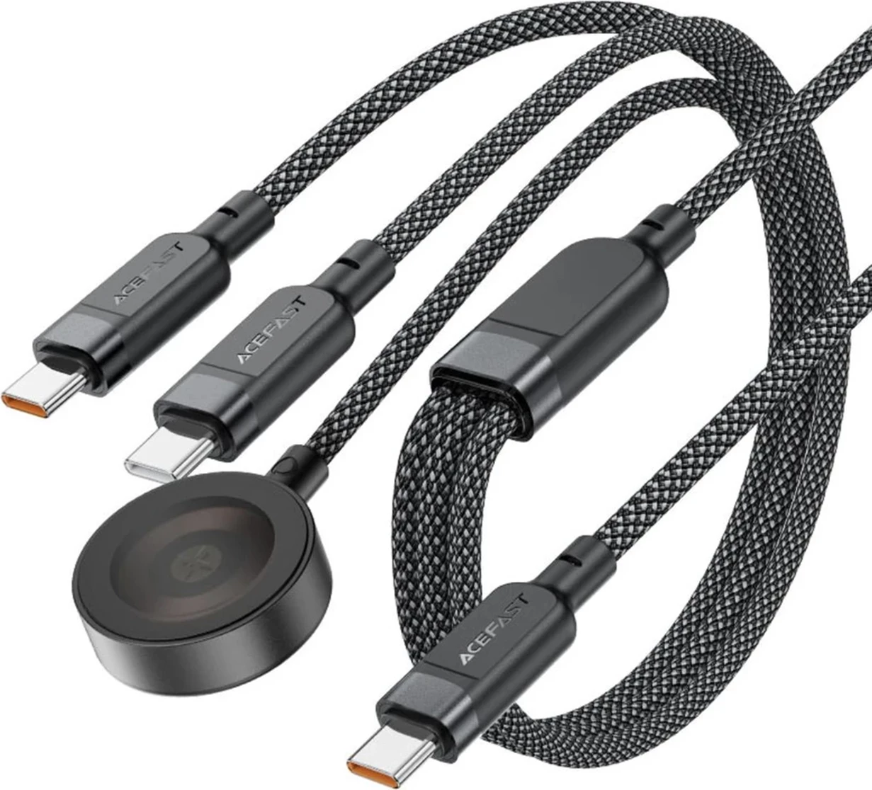 3-v-1 kabel za polnjenje Acefast C6-11, 2× USB-C in Qi, 1,2 m, 100 W, črn