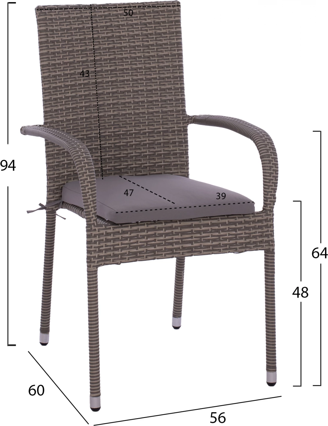 Set jedilnice 5 kosov miza 150x90 in fotelji wicker rattan sivi FH11713.01