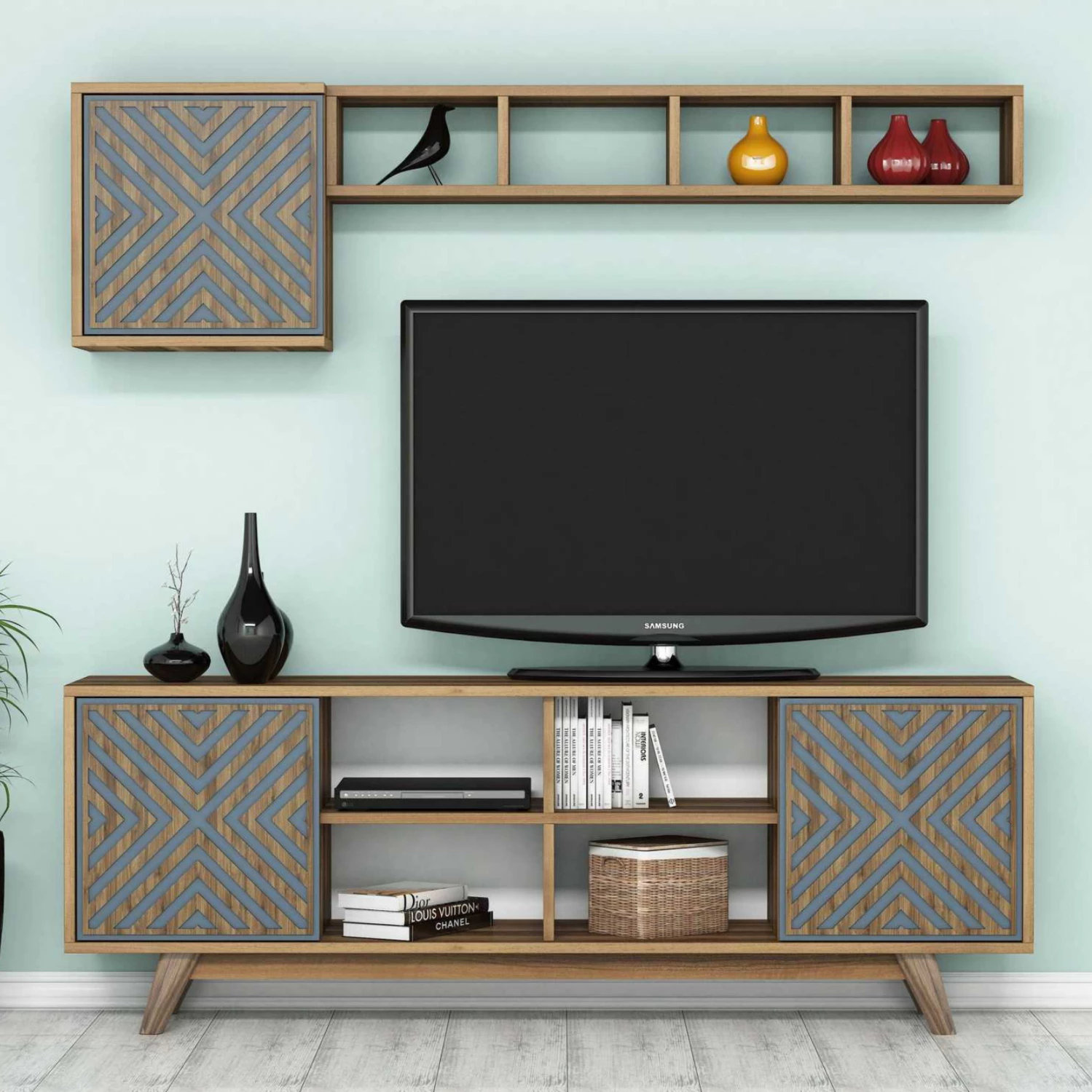 Komplet pohištva za TV FH9516.02 iz melamina v orehu in nebesno modri barvi 160x35x56.2Hcm