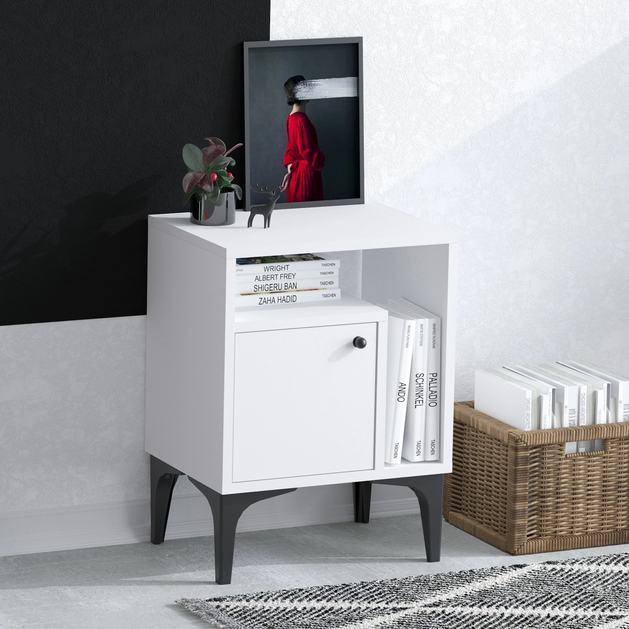 Nočna omarica Emma, Skye Decor, bela in črna