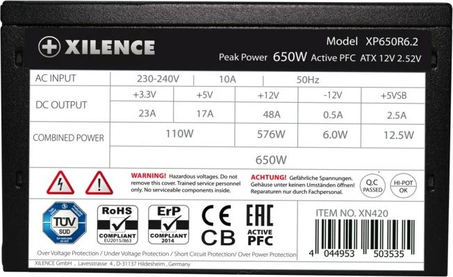Napajalnik Xilence XP650R6.2, 650 W, 200 - 240 V, 50 Hz, 10 A, črn