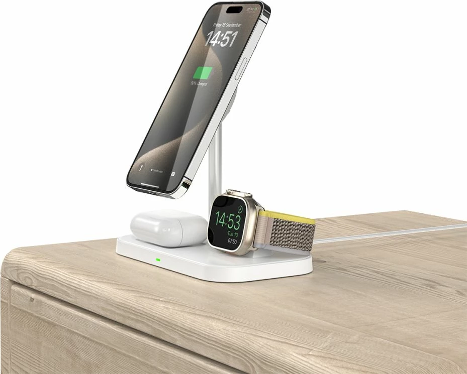 Indukcijski 3-v-1 polnilec z MagSafe za pametni telefon, Apple Watch in AirPods, Tech-Protect QI15W-A22, bel
