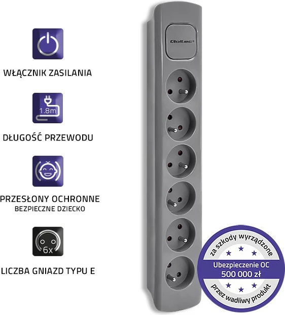Razdelilnik Qoltec 50277, 6 vtičnic, 1,8 m, sivi