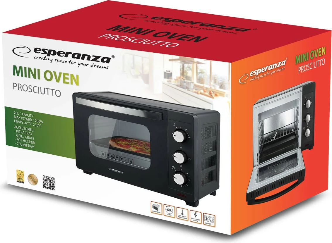 Mini pečica Esperanza Prosciutto, 20 L, črna