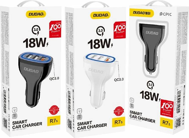 Avto polnilec 3x USB, Quick Charge 3.0, 18 W, bel, Dudao R7S
