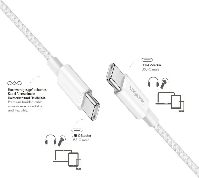 USB-C na USB-C kabel 1,5 m, najlon, bel LogiLink