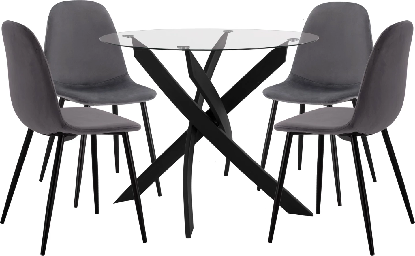 Jedilni set 5 kosov FH11095.01 miza s kaljenim steklom Φ90X74Hcm & 4 stoli z sivim žametom