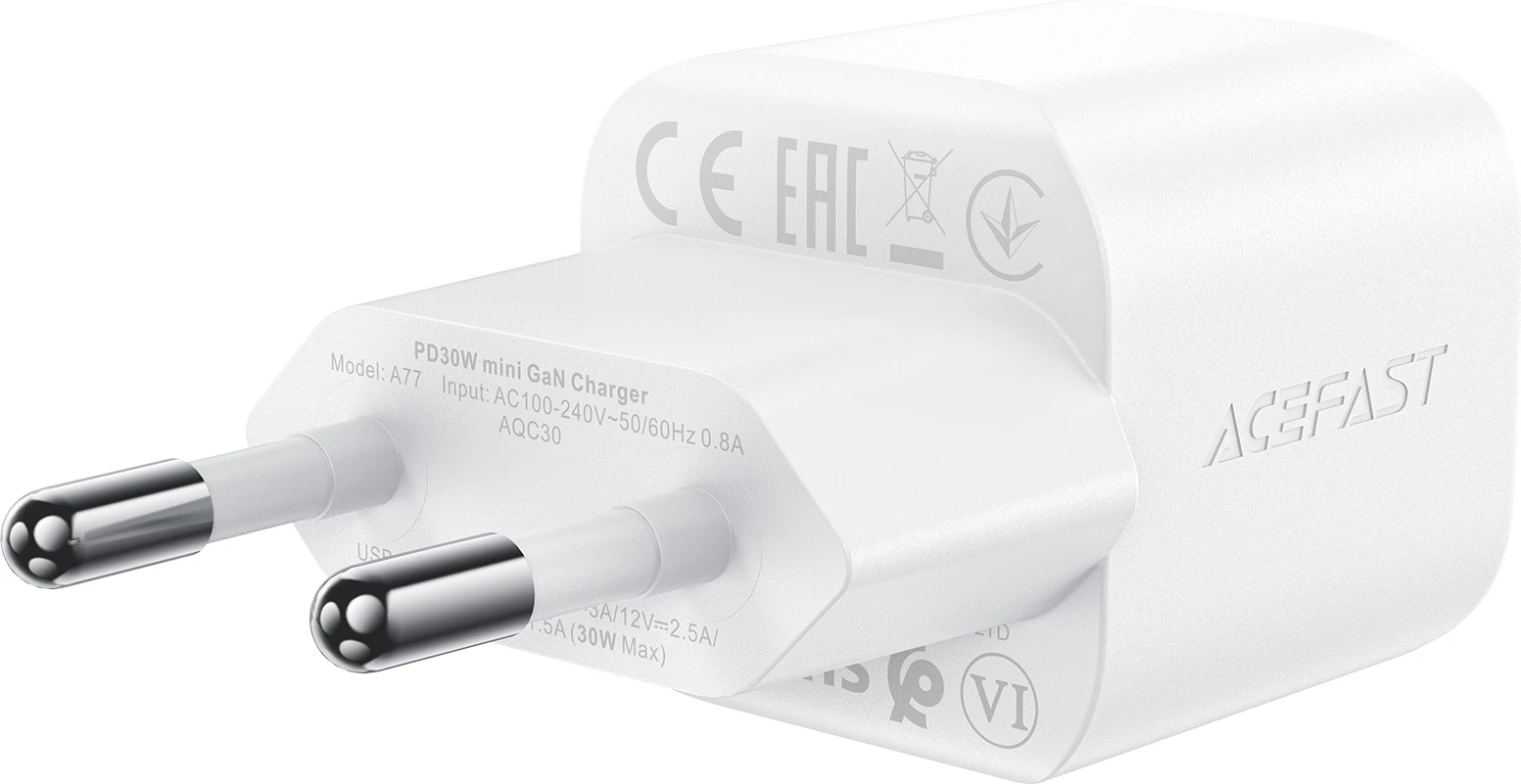 Stenski polnilnik z GaN, 30 W, z USB-C kablom, bel — Acefast A77 Mini