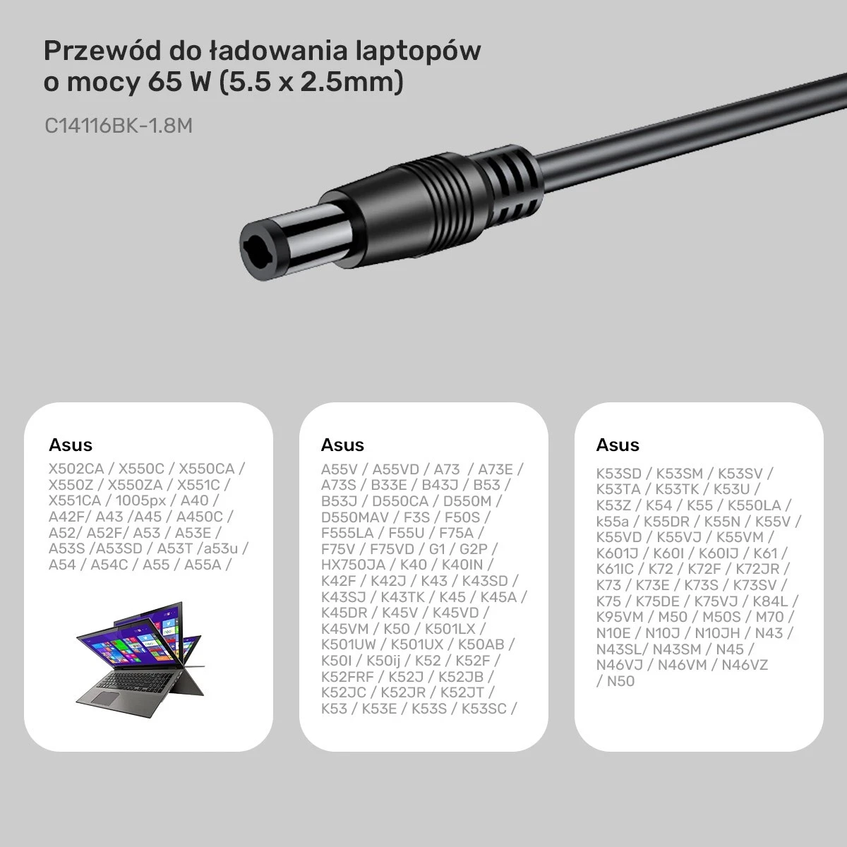 Kabel za polnjenje za prenosnik Unitek, 65W USB-C - DC5,5mm, črn