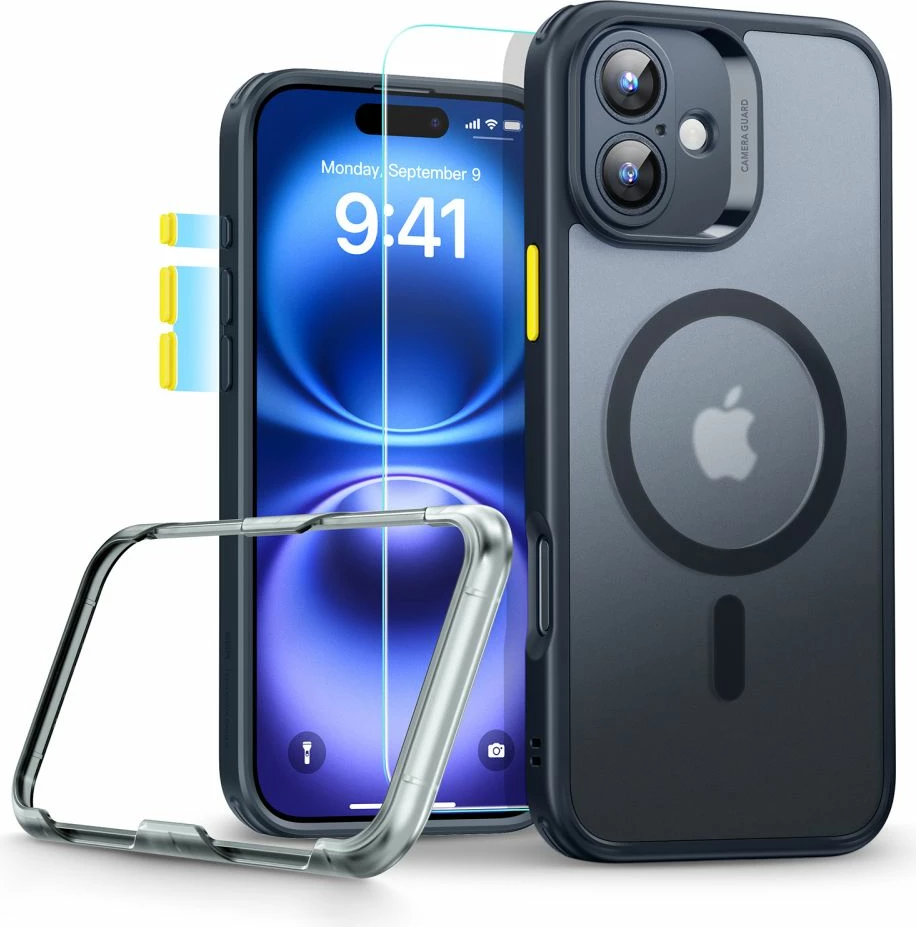 Ovitek za telefon s HaloLock MagSafe za iPhone 16, ESR Classic Pro, črn, s zaščitnim steklom