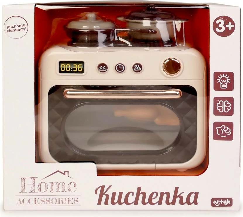 Igrača pečica z lučjo in melodijo, Artyk 180507, 12 cm, deluje na 2x AA (brez baterij), set ponev + lonec + čajnik, bež/rjava/krem