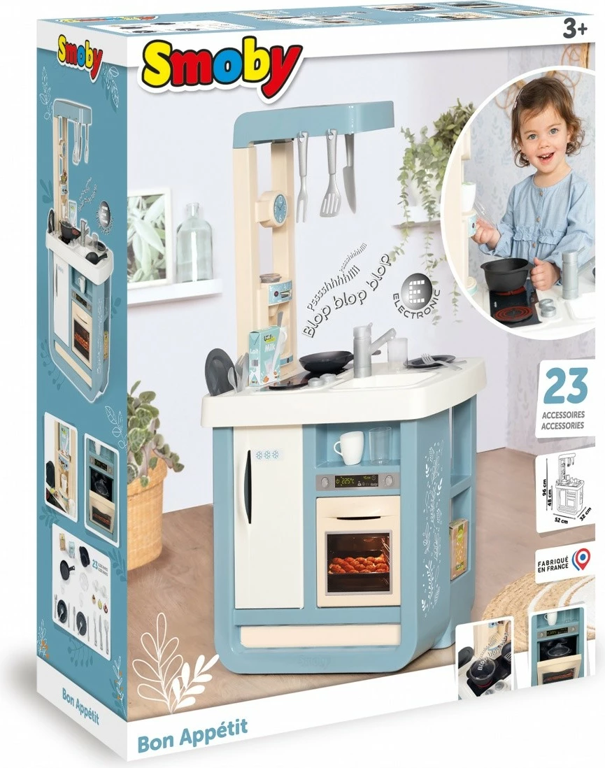 Igralna kuhinja Smoby Bon Apetit, elektronska, z zvoki, 23 dodatki, azurno/bež/bela
