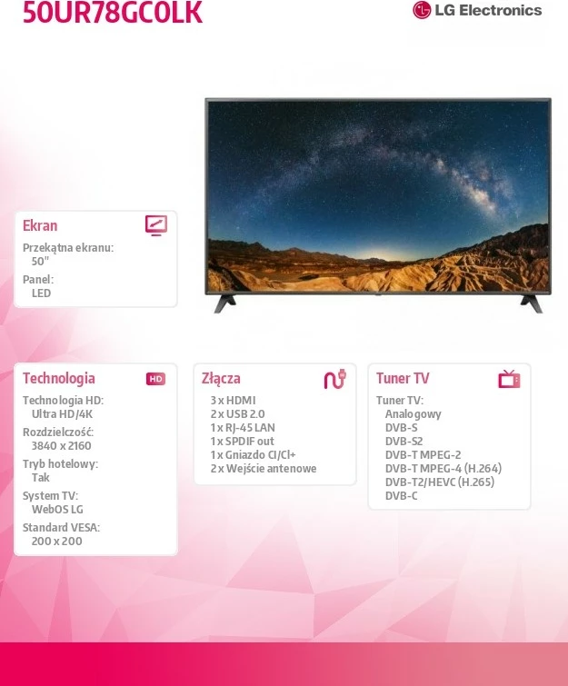 LED televizor 50-palčni, 4K UHD Smart TV, črn, LG 50UR78GC0LK