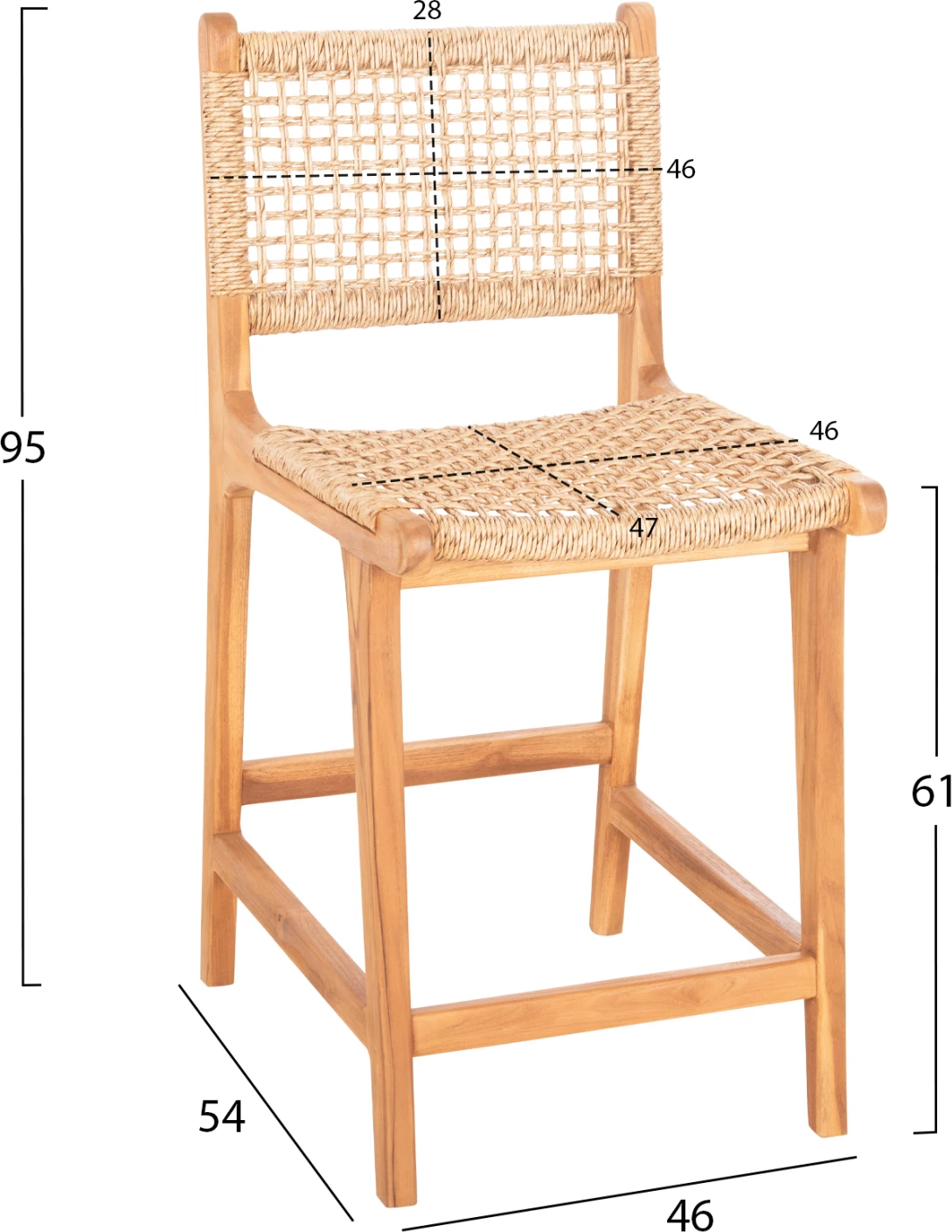 Barski stol z naslonjalom BORIS FH9381.11 iz tikovine in vrvi VIRO 46x53x96 cm