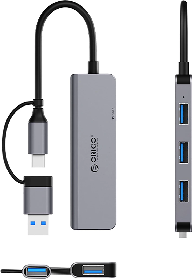 USB hub Orico YSA5-U3, 4 USB vrata (3x USB-A 2.0, 1x USB-A 3.0), 2-v-1 kabel USB-C/USB-A, siva