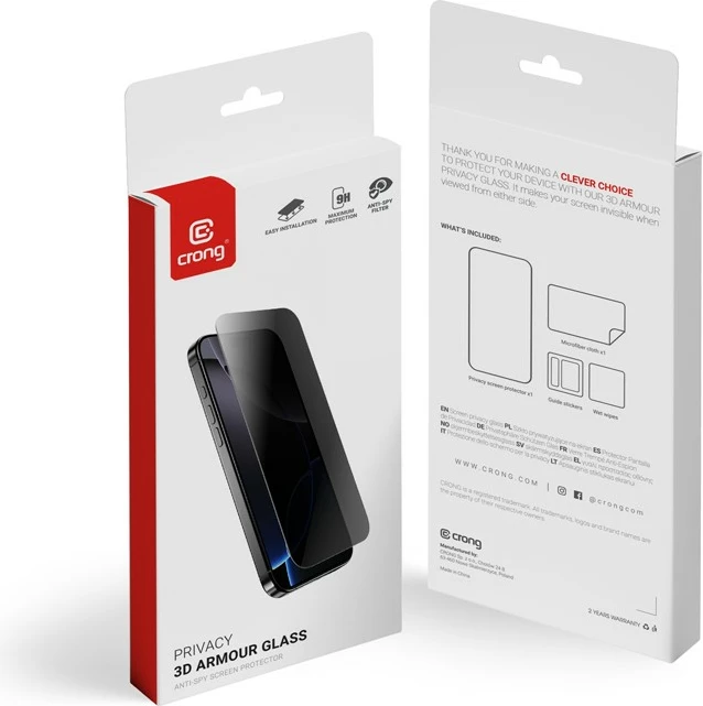 Zaščitno zasebnostno kaljeno steklo CRONG Privacy 3D Armour Glass za iPhone 16e / iPhone 14 / iPhone 13 / iPhone 13 Pro