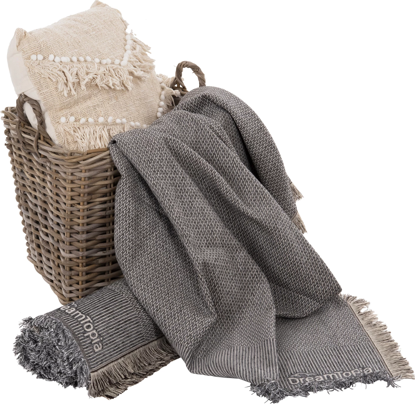 Prevleka za kavč z resicami DREAMTOPIA FH12165.02 v sivi barvi 295X170cm