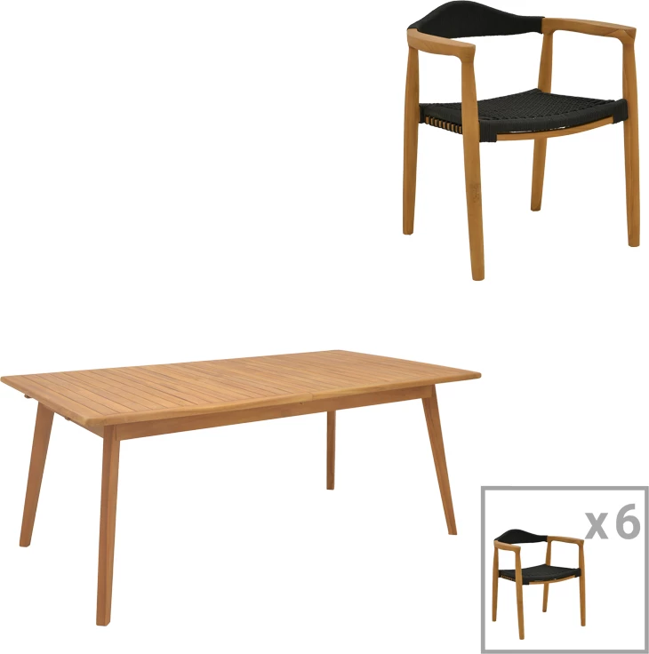 Jedilna garnitura 7-delna Ganny-Pino, teak naraven - črn 180/240x100x75 cm