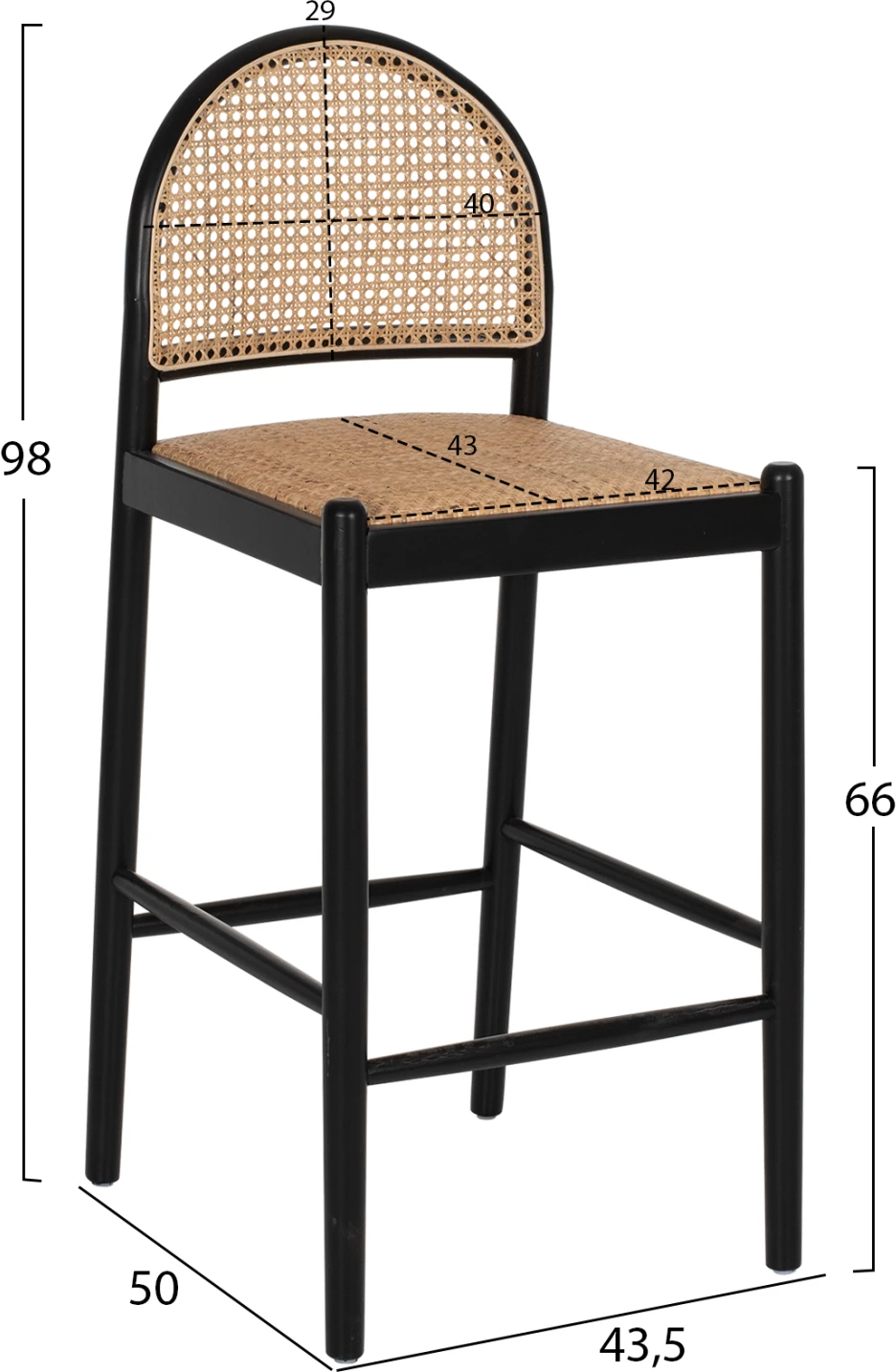 Barski stol iz bukovega lesa črne barve z ratanom v bež barvi 46Χ48Χ94Hcm.FH9408.02