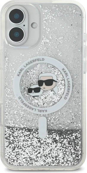 Prozoren ovitek z tekočim bleščicami Karl Lagerfeld Liquid Glitter Karl & Choupette Head MagSafe za iPhone 16 Plus