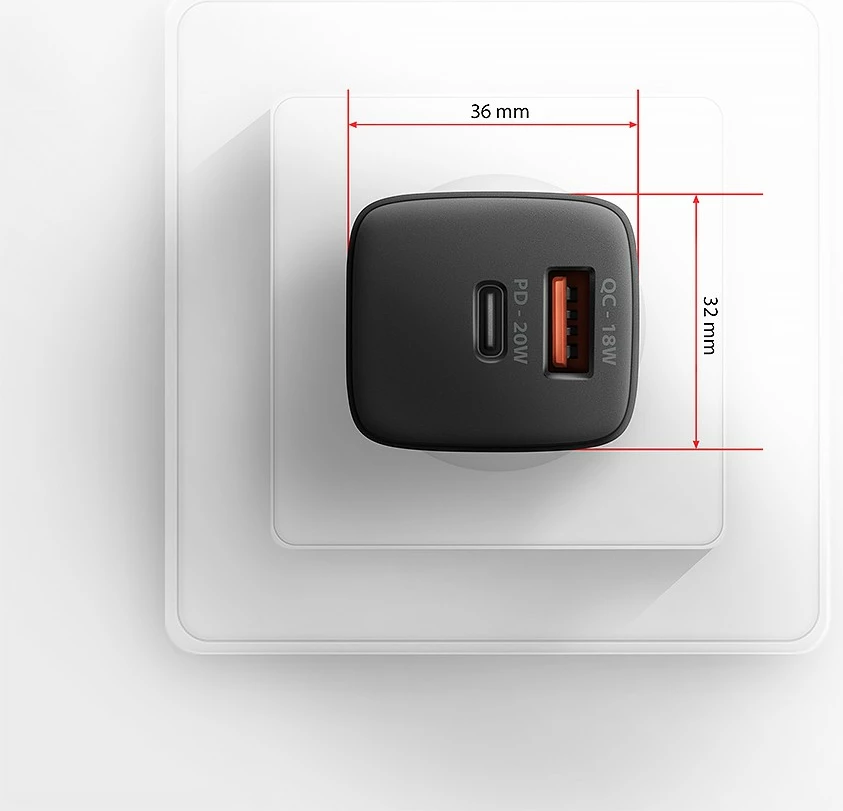 Stenski polnilec, 20 W, 2 vhoda (USB-C PD + USB-A QC), črn, AXAGON ACU-PQ20