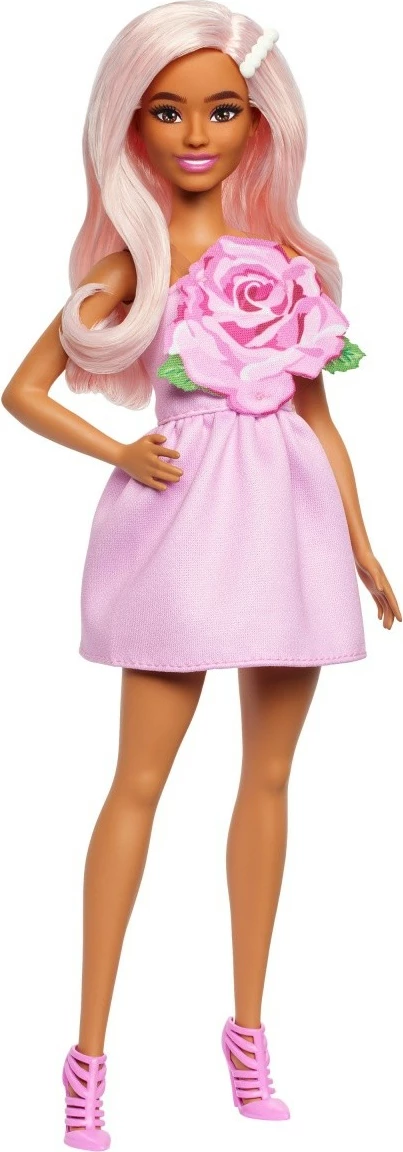 Lutka Barbie Fashionistas z rožnato obleko in rožnatimi lasmi, Mattel HYT94